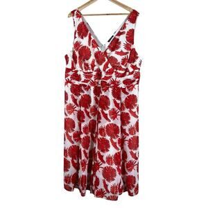 Avenue Midi Dress Womens 22 Red White Floral Sleeveless Fit & Flare V-Neck
